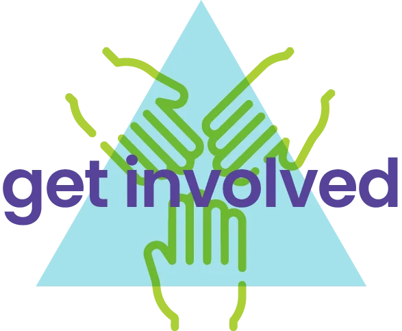 Get Involved text overlayed on triangle with line art hands overlapping each side